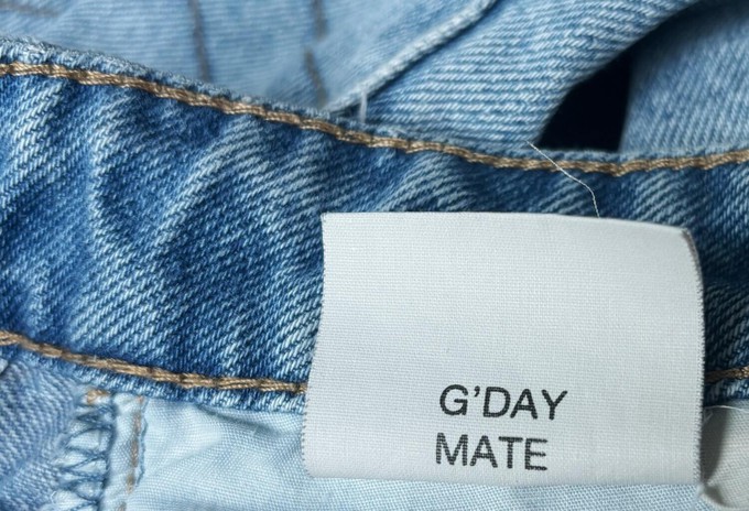 Sustainable denim jeans with a funny label