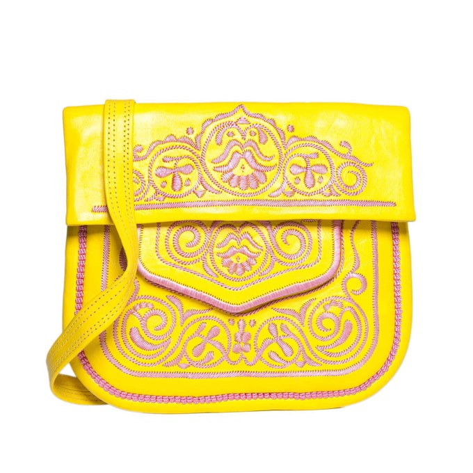 Embroidered Leather Berber Bag in Yellow, Rosé from Abury