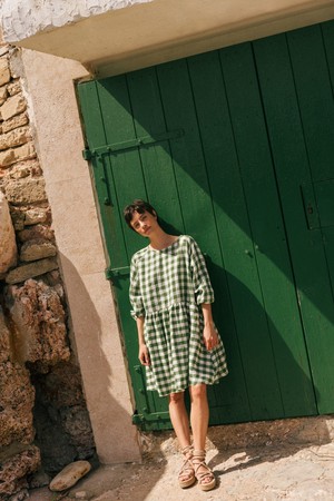 Sofia midi-length linen dress in Green Gingham from AmourLinen