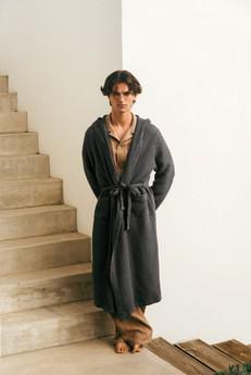 Men's waffle linen bathrobe in Charcoal via AmourLinen