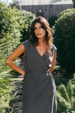 AURORA mid-length linen dress in Charcoal from AmourLinen