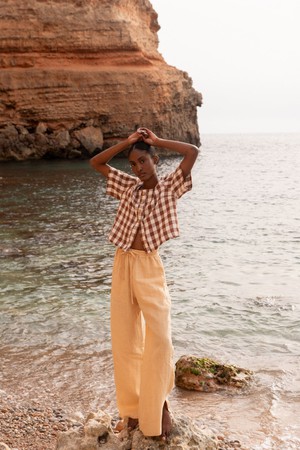 LEAH wide linen pants with slits in Mustard from AmourLinen