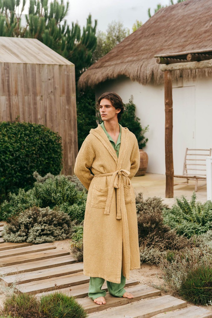 Men's waffle linen bathrobe in Mustard from AmourLinen