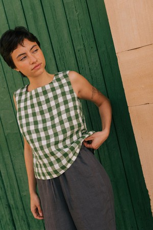 Lucia classic sleeveless linen top M Green Gingham from AmourLinen