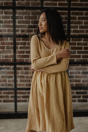 Lapland mid-length linen dress in Mustard from AmourLinen