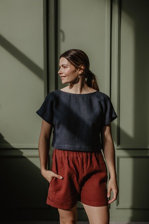 Linen crop top with buttons LISA in Terracotta from AmourLinen