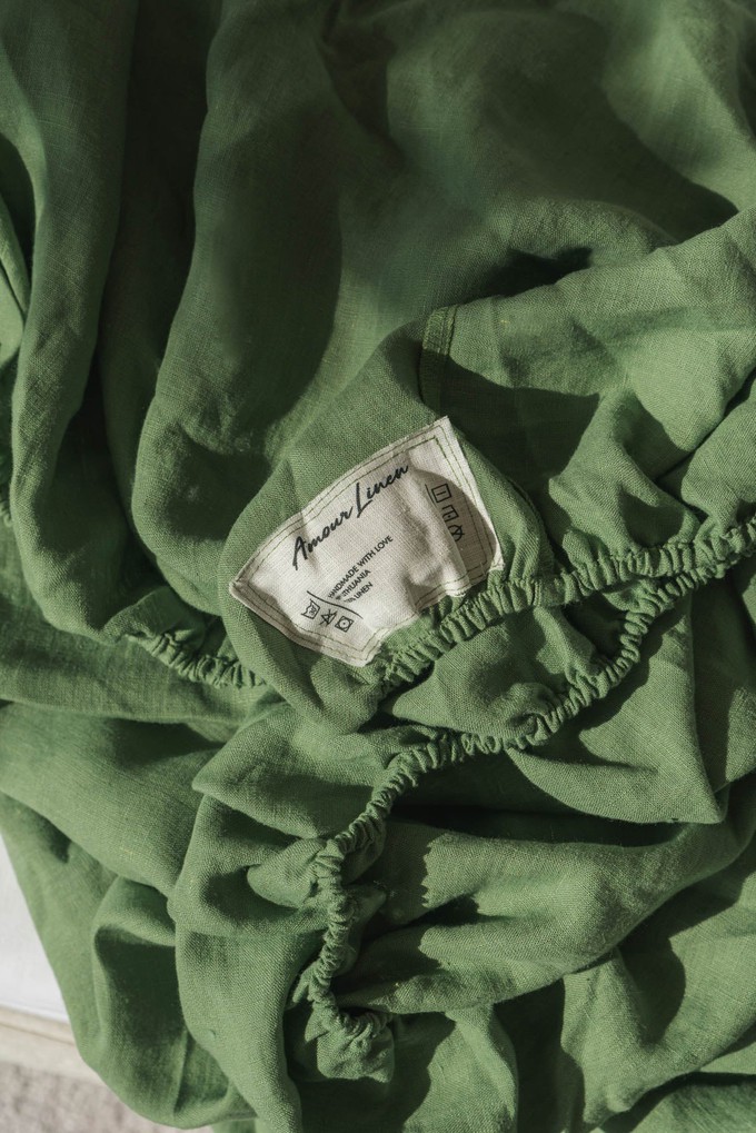 Linen fitted sheet in Matcha Green from AmourLinen