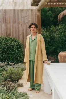 Men's waffle linen bathrobe in Mustard via AmourLinen