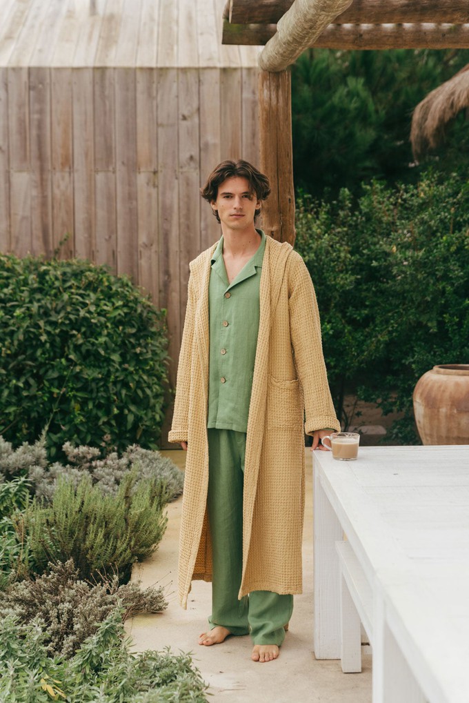 Men's waffle linen bathrobe in Mustard from AmourLinen