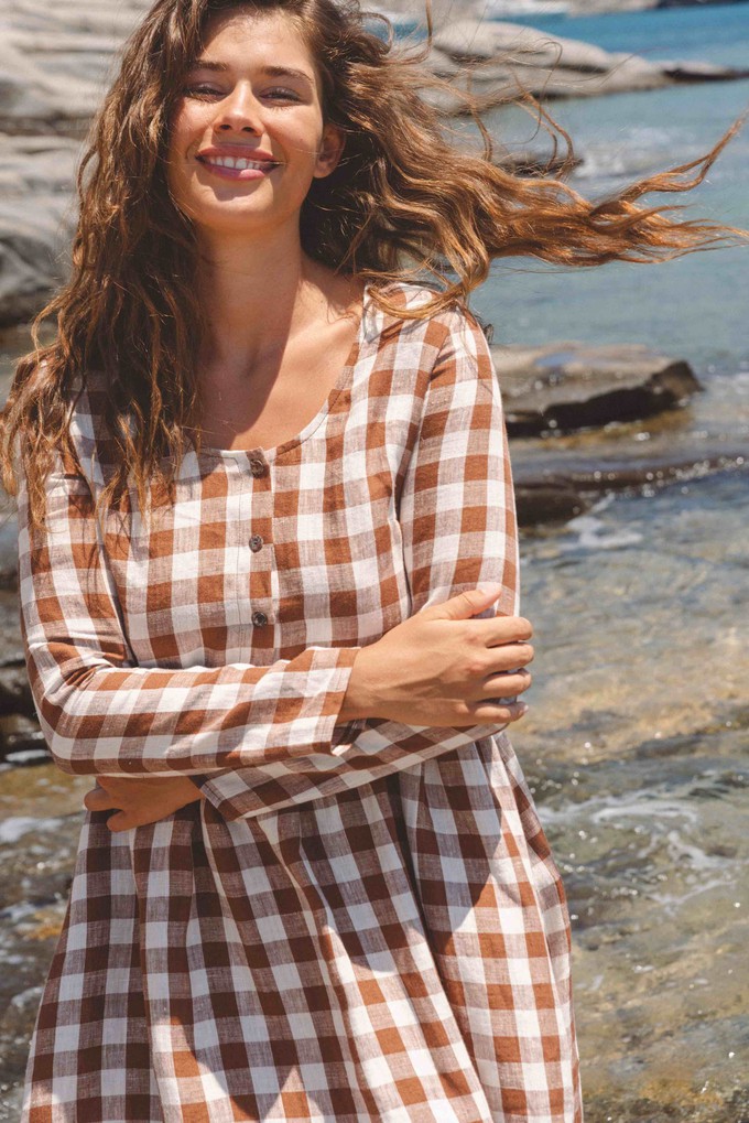 Lapland mid-length linen dress in Mocha Gingham from AmourLinen