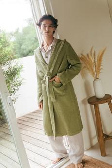 Men's waffle linen bathrobe in Moss Green via AmourLinen