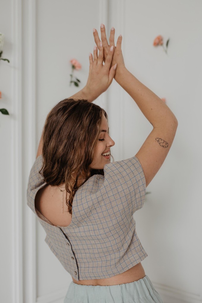 Linen crop top with buttons LISA S Checkered from AmourLinen