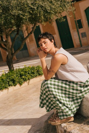 CIARA linen slip skirt in Green Gingham from AmourLinen