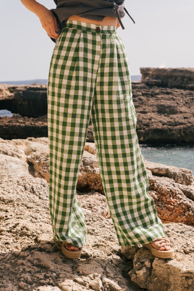 Lydia classic linen pants in Green Gingham from AmourLinen