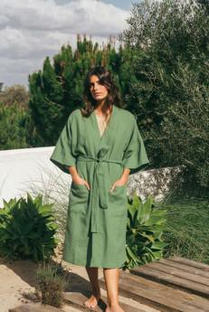 Linen bathrobe MIDNIGHT in Matcha Green via AmourLinen