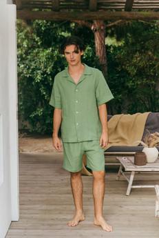 Linen loungewear shorts set ASPEN in Matcha Green via AmourLinen