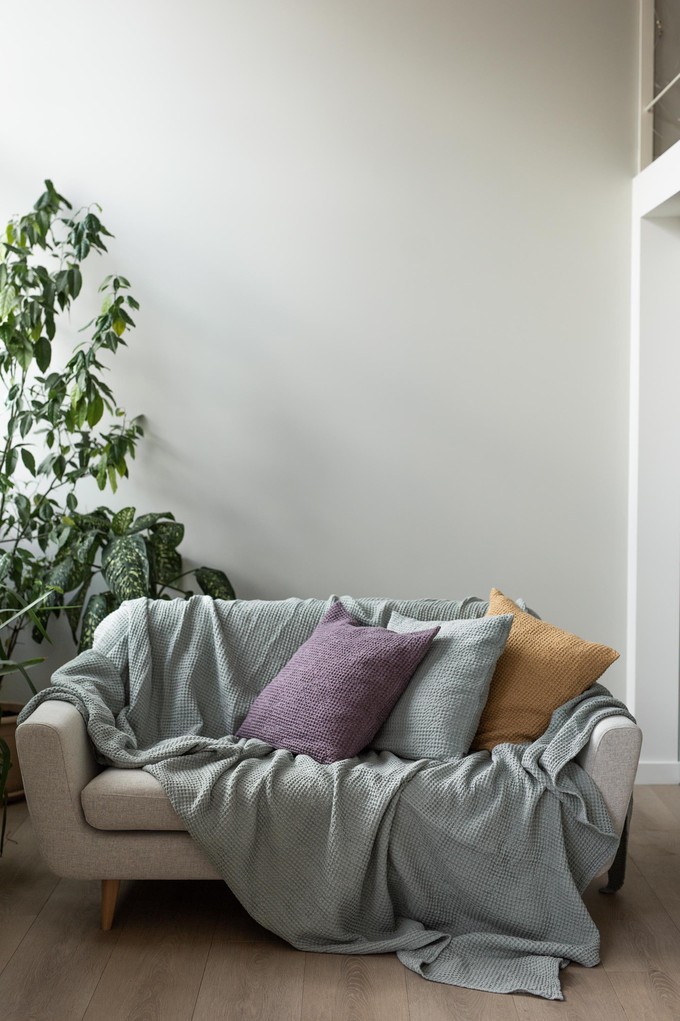 Linen waffle blanket in Sage Green from AmourLinen