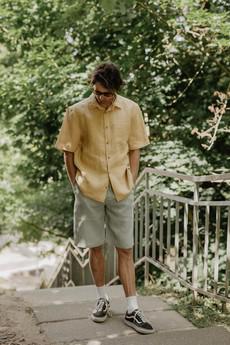 Oversized linen shirt MAGNUS in Mustard via AmourLinen