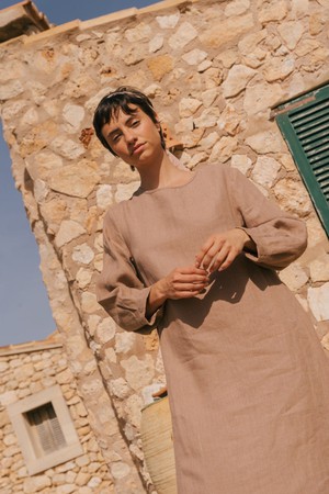 Amalia long-length linen dress in Rosy Brown from AmourLinen