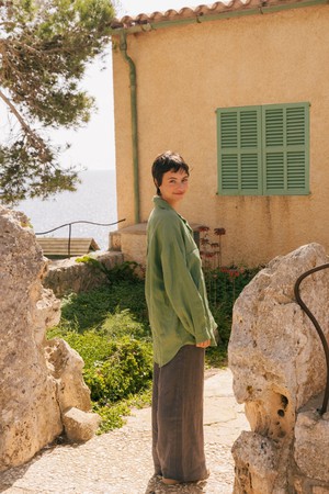 Molly oversized collar linen shirt S Matcha Green from AmourLinen