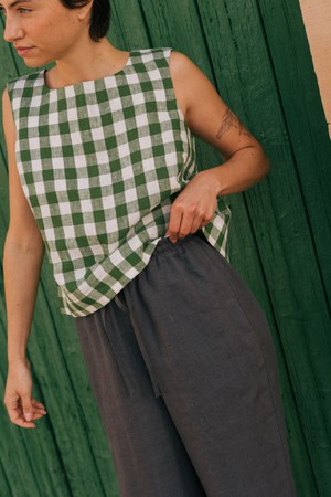 Lucia classic sleeveless linen top M Green Gingham from AmourLinen