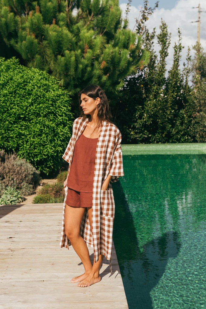 Linen bathrobe Midnight in Mocha Gingham | sale from AmourLinen