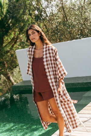 Linen bathrobe Midnight in Mocha Gingham | sale from AmourLinen