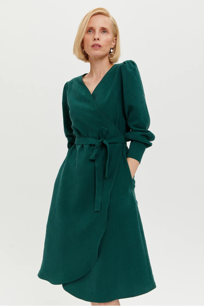 Sophie | Classy Wrap Dress with Puff Sleeves and Tie Waist in Forest Green from AYANI