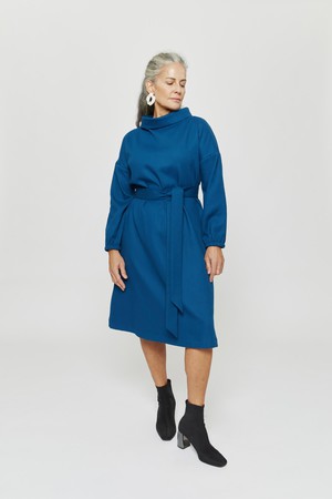 Amalia | Midi Winter Dress with High Rounded Neckline in Petrol-Blue from AYANI