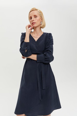 Sophie | Classy Wrap Dress with Puff Sleeves and Tie Waist in Dark Blue from AYANI