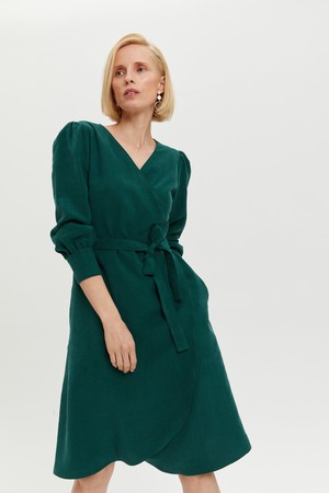 Sophie | Classy Wrap Dress with Puff Sleeves and Tie Waist in Forest Green from AYANI