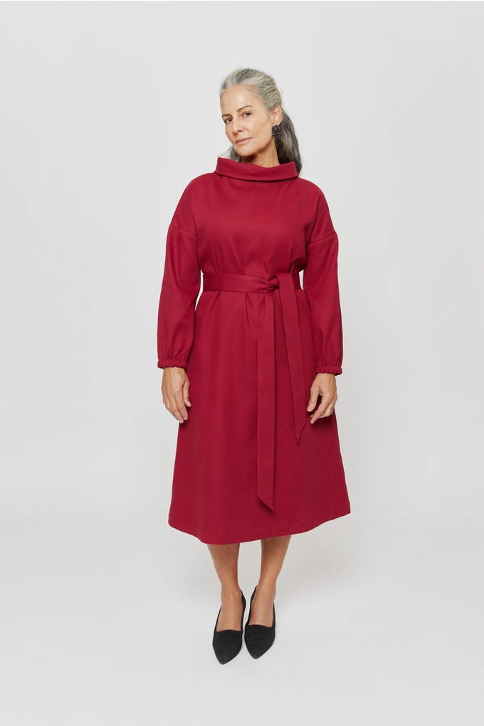 Amalia | Midi Winter Dress with High Rounded Neckline in Red-Bordo from AYANI