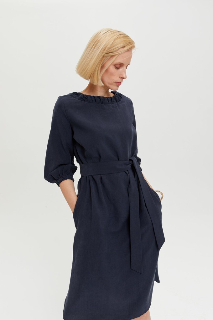 Celine | Elegant Belted Dress with Neckline Element in Dark Blue from AYANI