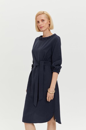 Celine | Elegant Belted Dress with Neckline Element in Dark Blue from AYANI