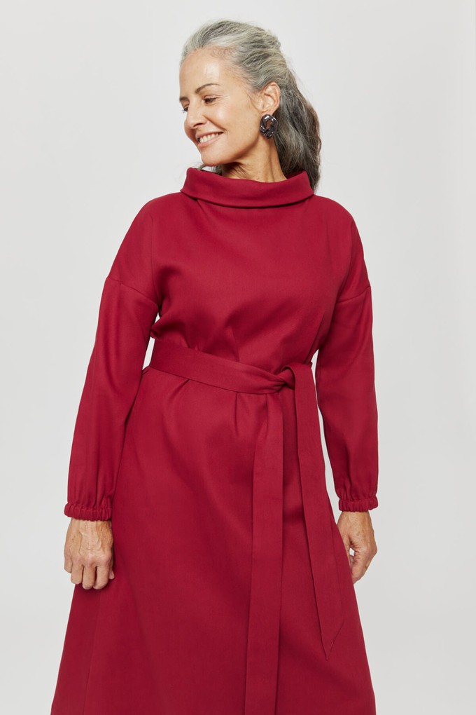 Amalia | Midi Winter Dress with High Rounded Neckline in Red-Bordo from AYANI