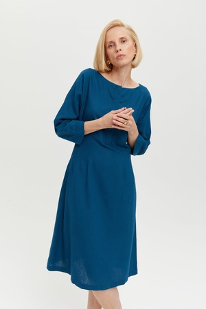 Lusin | Midi Linen Dress with Button-Front in Petrol-Blue from AYANI