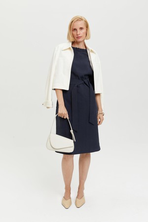 Celine | Elegant Belted Dress with Neckline Element in Dark Blue from AYANI