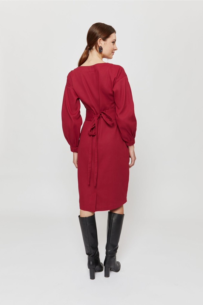 Stefanie | Winter Dress with Kimono Belt in Red-Bordo from AYANI