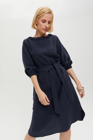 Celine | Elegant Belted Dress with Neckline Element in Dark Blue from AYANI