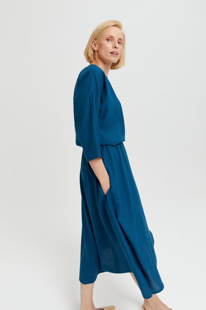 Nane | Linen Dress with 3/4 Sleeves in Petrol-Blue from AYANI