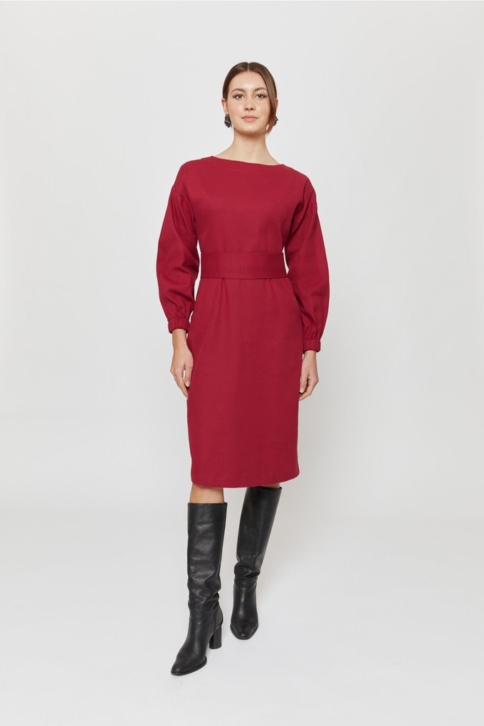 Stefanie | Winter Dress with Kimono Belt in Red-Bordo from AYANI