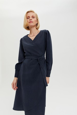 Sophie | Classy Wrap Dress with Puff Sleeves and Tie Waist in Dark Blue from AYANI