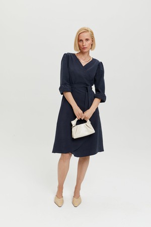 Sophie | Classy Wrap Dress with Puff Sleeves and Tie Waist in Dark Blue from AYANI