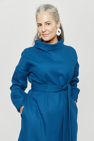 Amalia | Midi Winter Dress with High Rounded Neckline in Petrol-Blue from AYANI