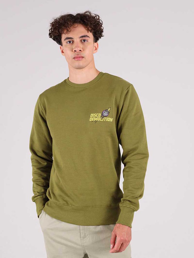 Disco Demolition Embroidered Mens Sweatshirt, Organic Cotton, in Khaki Green from blondegonerogue