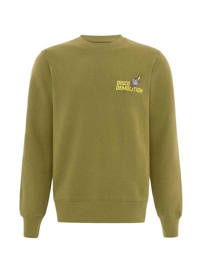 Disco Demolition Embroidered Mens Sweatshirt, Organic Cotton, in Khaki Green from blondegonerogue