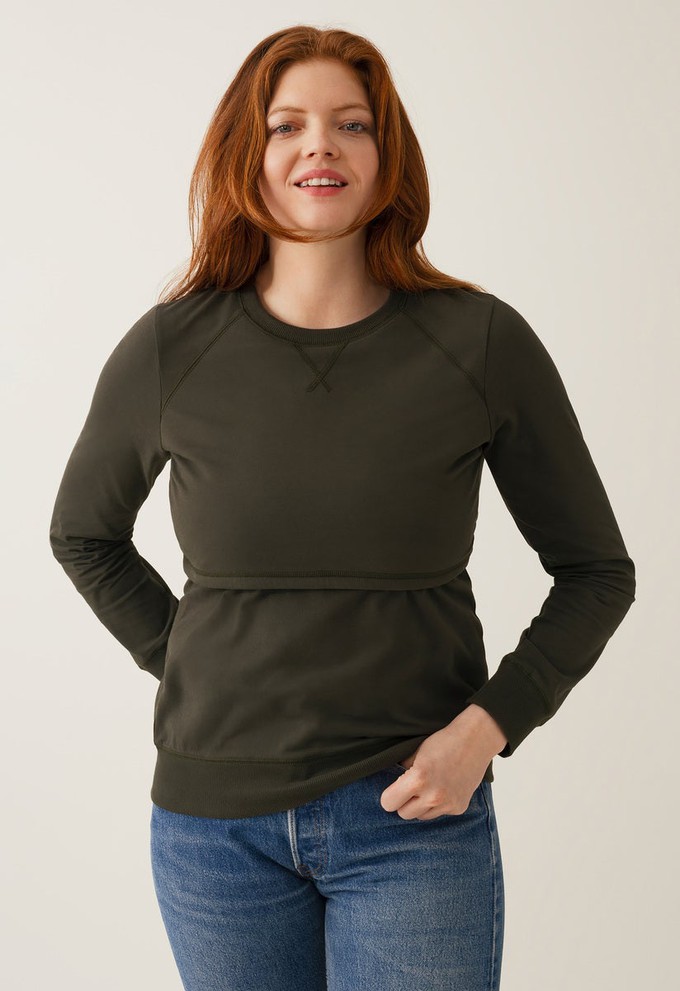 Fleece lined maternity sweatshirt with nursing access - Moss Green from Boob Design