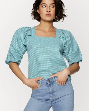 Green Check Cotton Top Puff Sleeves from Charlie Mary