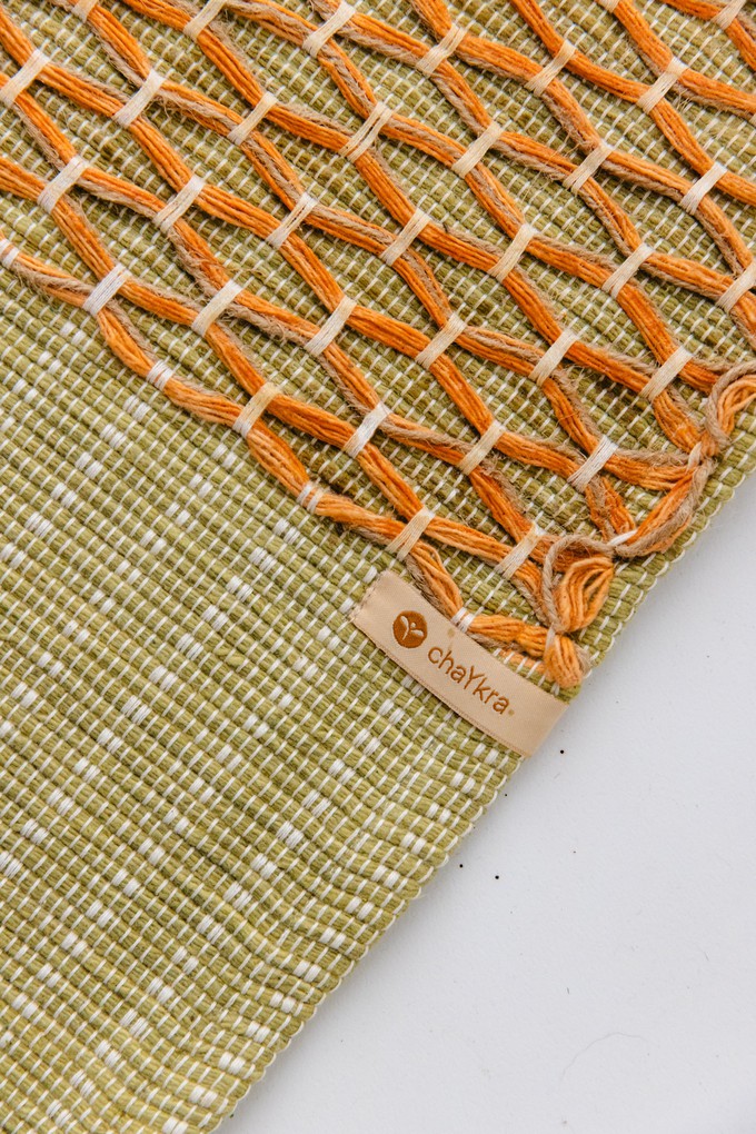 Non-Slip Cotton Yoga Mat (green base & orange criss-cross) from chaYkra