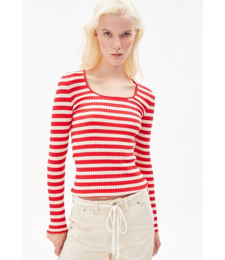 ARMEDANGELS •• ALAANI CREWNECK STRIPED | dark poppy-oatmilk from De Groene Knoop